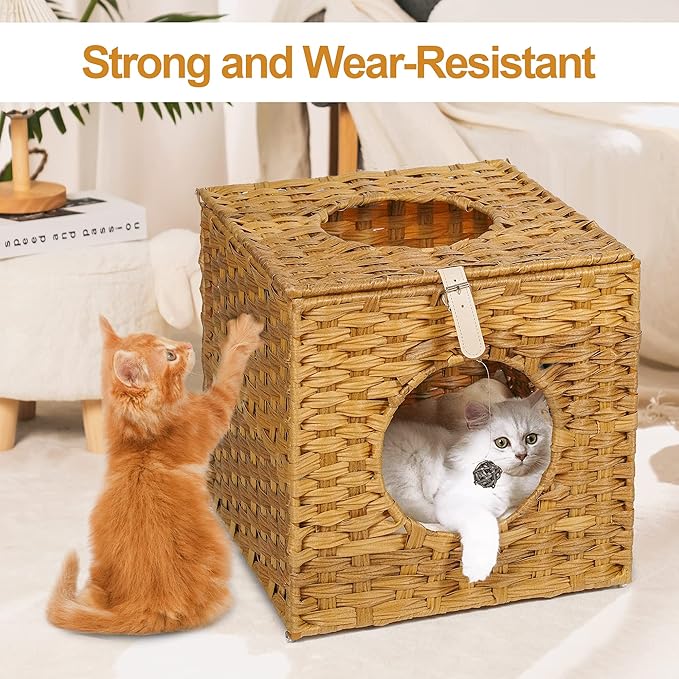 Mewoo Ratten Cat House Condo with Rattan Interactive Hanging Ball Toy *4 & Cotton Cushion, Enclosed Wicker Cat Bed, Wheat