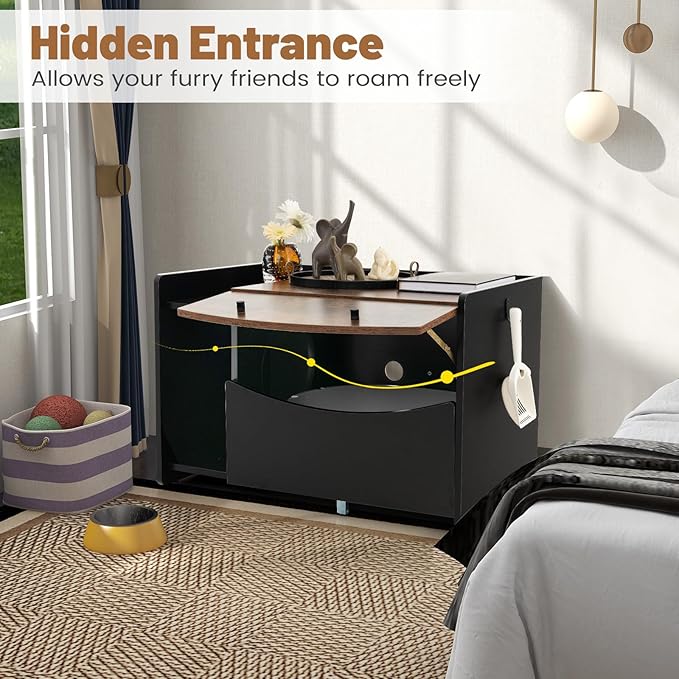Giantex Cat Litter Box Enclosure - Hidden Cat Washroom Furniture with Rolling Pull-Out Drawer, Flip-up Door, Front Entry, Air Vents, Hanging Hook, Wooden Pet Crate Cat House Storage Cabinet