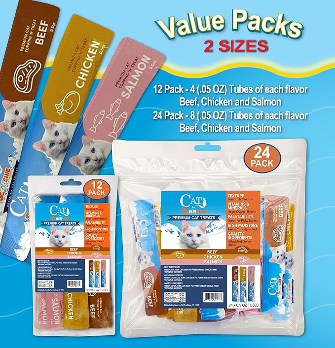 Scoochie Pet Products Cat by Scoochie Assorted Lick Treats – Chicken, Salmon & Beef | 0.5oz | 12 Pack