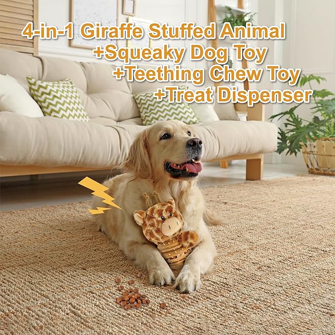 Giraffe Plush Squeaky Dog Toy with Rubber Treat Dispenser Puppy Teething Chew Toy Cute Fun Durable Multi-Functional Interactive Puzzle Dog Toy for Small Medium Large Dogs Toy Gift 21.5cm/8.46in