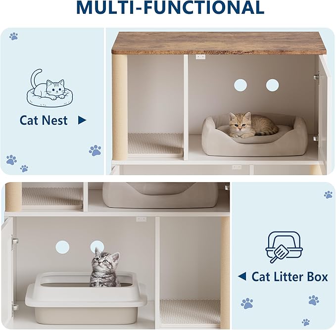 Double Cat Litter Box Enclosure Furniture for 2 Cats – Modern Wooden Cabinet, Marking Post, Litter Mats, Odor Control, Dog-Proof, Hidden Washroom, End Table – X-Door White