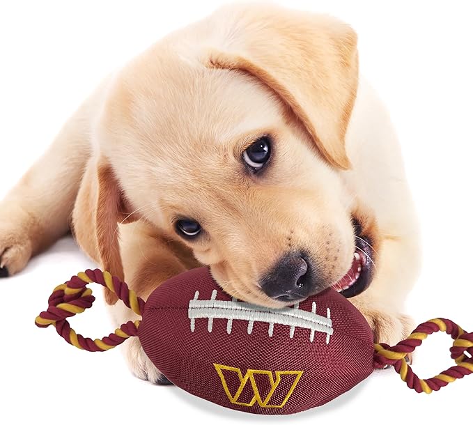 Pets First NFL Washington Commanders Football Dog Toy, Tough Quality Nylon Materials, Strong Pull Ropes, Inner Squeaker, NFL Team Color