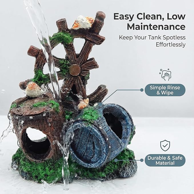Mipukbay Fish Tank Decoration, Broken Ship Wheel & Cask Aquarium Decor Hiding Cave Ornament for Freshwater/Saltwater, Safe Landscaping Rock Resin Decoration for Betta Fish, Goldfish and Aquatic Pets