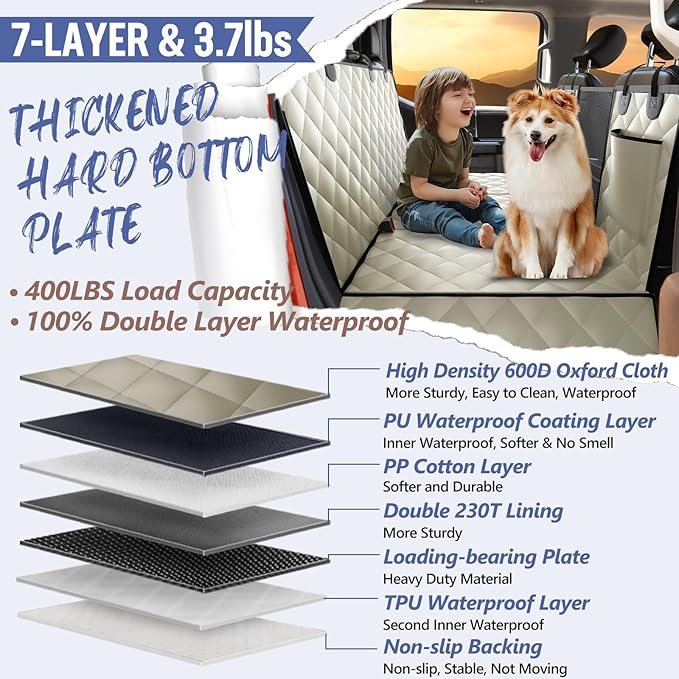 Back Seat Extender for Dogs Truck-Large Space, Hard Bottom Dog Pet Seat Cover Back Seat, Waterproof Dog Hammock for Crew Cab Trucks F150, RAM1500, Sierra, Tundra, Silverado, Khaki