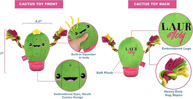 Pets First Plush Pet Toy with Rope & Squeaker by LaurDIY Super Cute Dog Cactus Toy