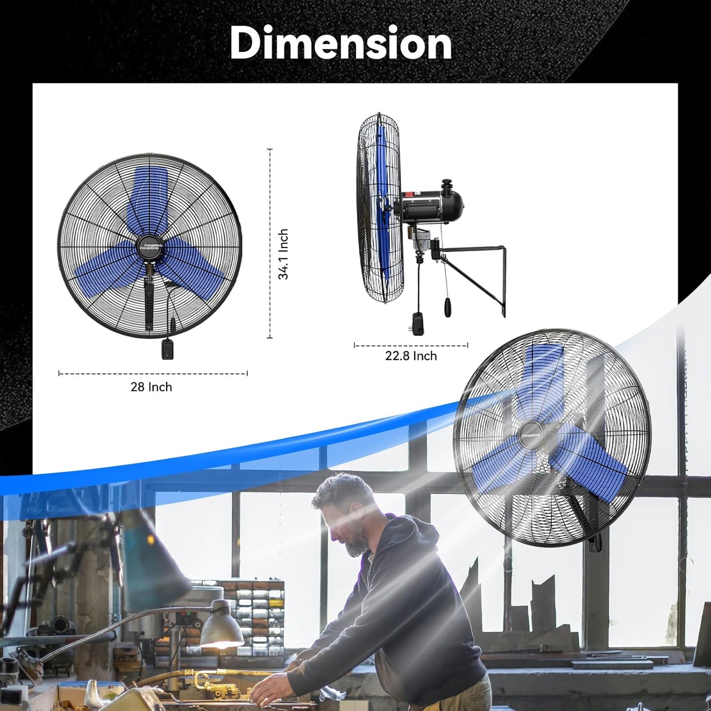 Pro 9500 CFM 24" Outdoor IP44 Waterproof Wall Mount Fan, 3-Speed Oscillating Metal Fans with Enclosure Motor, Heavy Duty Wall Fan for Patio, Warehouse, Garage, and Jobsite