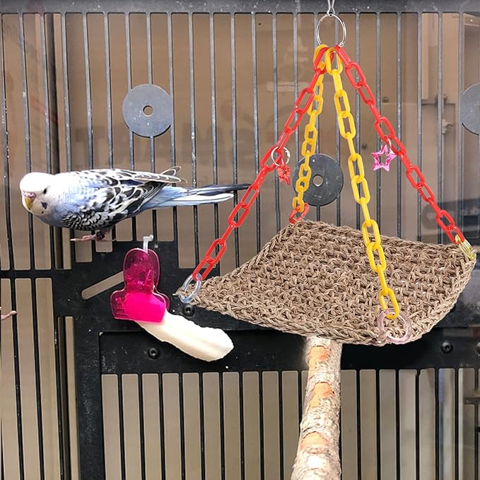 Mikikit Parrot Chewing Toy Swing Hammock for Birds Natural Straw Rope Bird Cage Accessory Climbing Play Bed for Parakeets Lovebirds and Cockatiels Space-Saving Design