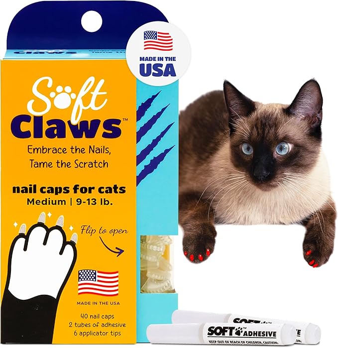Soft Claws Cat Nail Caps for Medium Cats – (40 Caps, Blue & Red) - Made in USA - Veterinarian-Developed | Protects Furniture & Skin - Easy to Apply, Long-Lasting Anti-Scratch Soft Cat Claw Covers