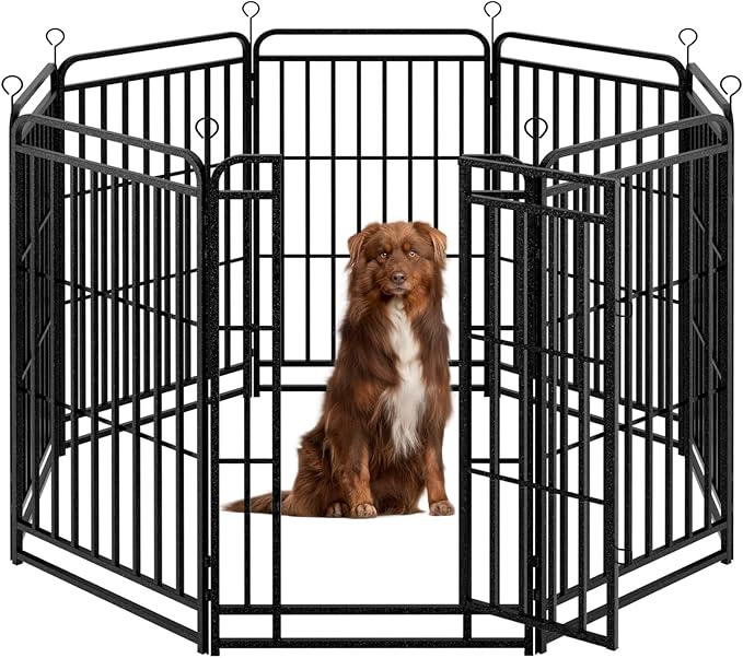 Kfvigoho Heavy Duty Dog Playpen: 8 Steel Panels 47" Height, Square Steel Pipe with Reinforced Crossbars, 18FT 25 Sq.ft Portable Fence for Yard RV Camping, Snowy Black