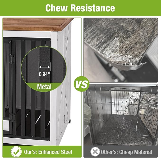GUTINNEEN Expandable Foldable Dog Crate Furniture with 360° Rotating Bowls, Large Solid Wood Dog Crate End Table, Chew-Resistant Frame, Connectable Design for Larger Space, 39.4" L (Left Crate)