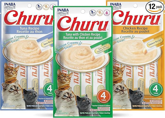 INABA Churu Lickable Purée Natural Cat Treats Tuna & Chicken 3 Flavor Assortment of 12 Tubes