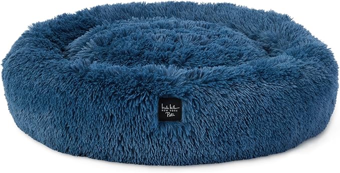 Nicole Miller NEW YORK PET Ellie Fuzzy Solid Donut Pet Bed, Plush, Cozy & Calming, Non-Slip Bottom, 100% Machine Washable, Blue, Small 24"x24"x7" Round