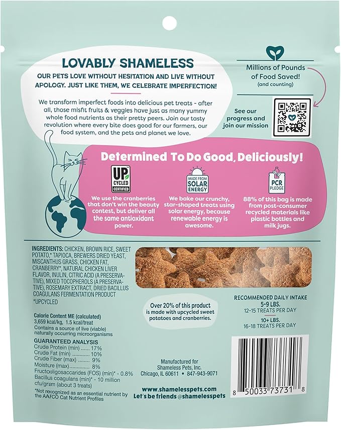Shameless Pets Crunchy Cat Treats - Kitty Treats for Cats with Digestive Support, Natural Kitten Treats with Real Chicken, Healthy Flavored Feline Snacks - Cran You Say Chicken, 3-Pk