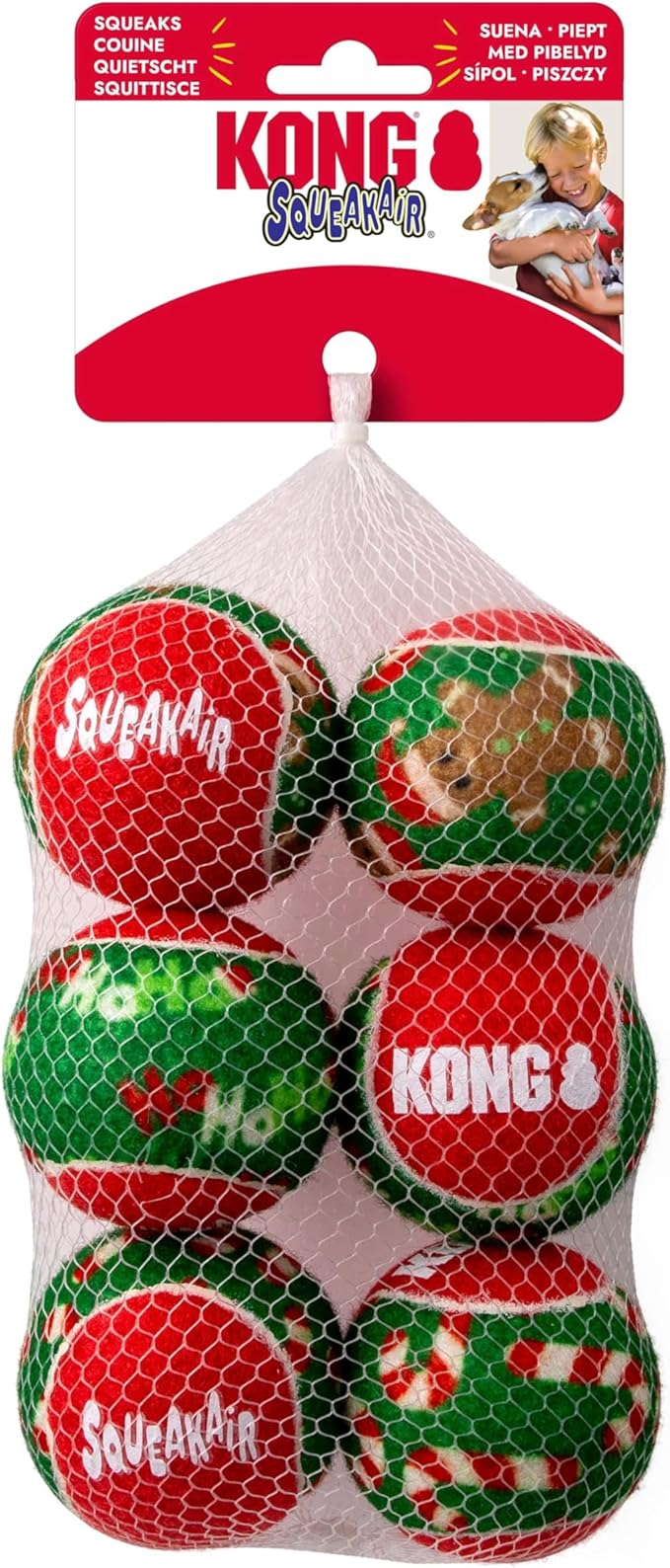 KONG Holiday SqueakAir Tennis Balls Dog Toy – 6-Pack Plush-Felt Squeaky Fetch Balls with Christmas Theme, Non-Abrasive Material Gentle on Teeth (Medium)