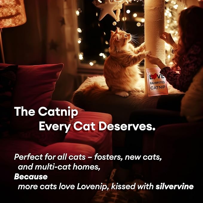 Soft Cat Nip for Cats kissed with Silvervine Leaf – Big 2.2 (2 cups) oz of Love – Fine Cut & Potent – More Kitties Love a Premium Catnip Silvervine Leaf Blend – Strong & Fresh Lovenip Favorites Blend