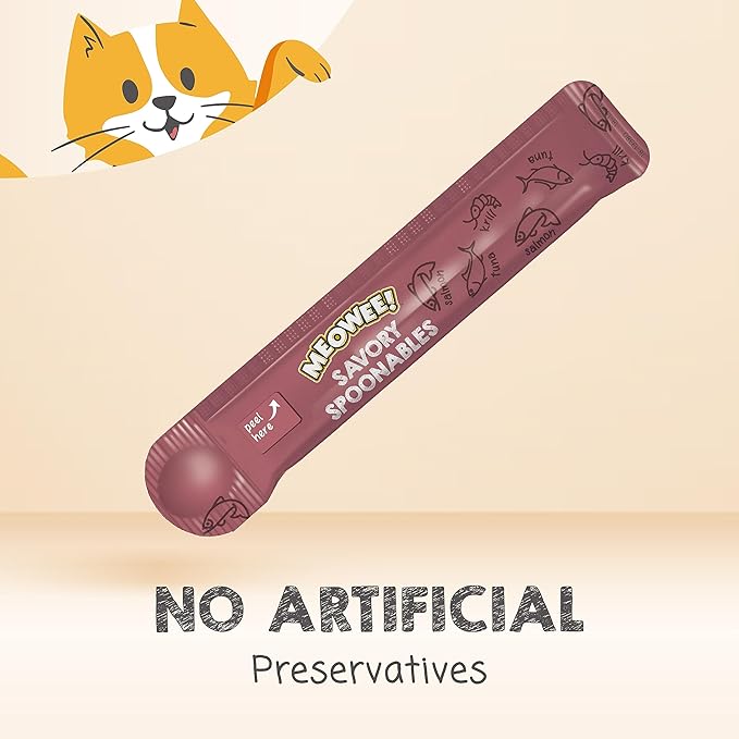 MEOWEE! Savory Spoonables with Real Salmon, Tuna and Krill for Cats, 4 Count, Treat Your Cat to Triple Flavor Squeezable Lickable Wet Treats with Built-in Spoon for Less Mess