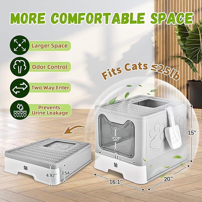 Cat Litter Box with Litter Mat, Foldable Extra Large Free in and Out/One-Way with Lid, Drawer Type Enclosed Kitty Litter Box,Odor Control Anti-Splashing Easy Cleaning (Pale Grey)
