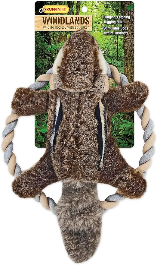 RUFFIN' IT Rhode Island Textile Woodlands Chipmunk Plush Dog Toy with Rope Chew Ring, Mutli, 8.5 inch (Pack of 1), All Breed Sizes