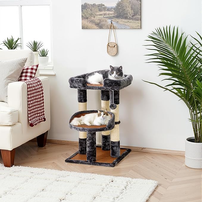 Fansafurn Multi-Level Cat Tree for Indoor Cats, Modern Cat Tower with Double Beds & Scratching Posts, 27 in Cute Cat Tree for Large Cats and Kitten, Small Cat Climbing Tower with Hanging Toys, Grey
