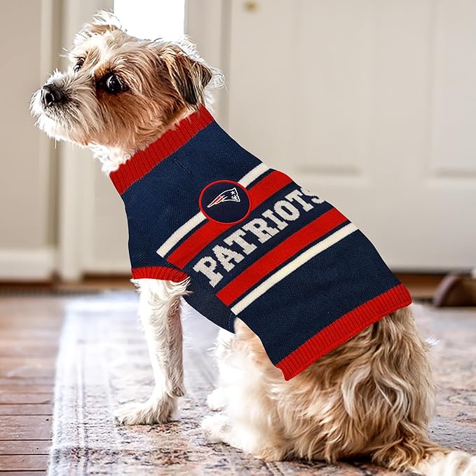 NFL New England Patriots Dog Sweater, Size Medium. Warm and Cozy Knit Pet Sweater with NFL Team Logo, Best Puppy Sweater for Large and Small Dogs
