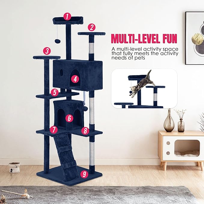 24/7 Shop at Home Court 70 inch Multi-Level Cute Cat Tree Tower with Dangling Ball and Scratching Posts for Indoor Cats Adults, Kitten Supplies, Pet House, Navy Blue