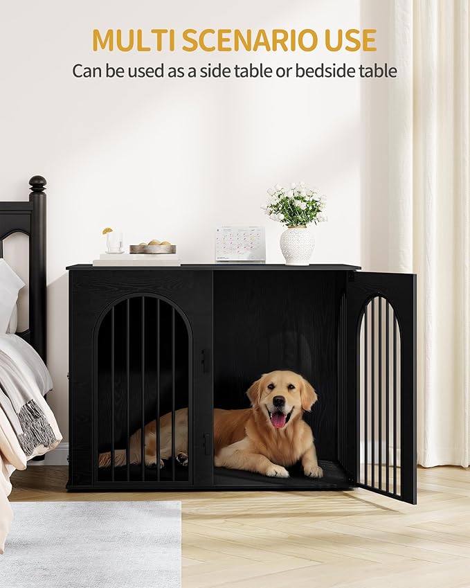 Hzuaneri 44.1" Wooden Dog Crate Furniture, Indoor Dog Kennel Dogs Cage for Small/Medium/Large Dogs, Heavy Duty Dog Crates Decorative Pet House End Side Table TV Stand, Black DFC83904B
