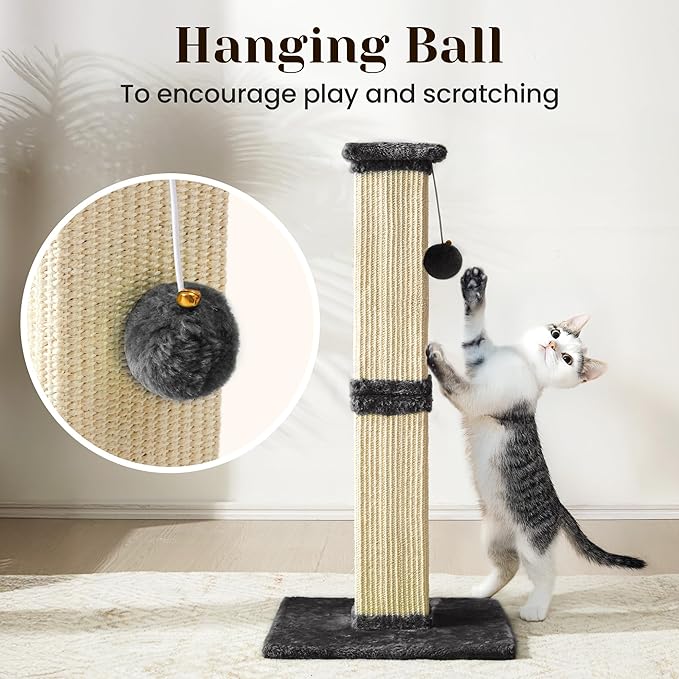 Fansafurn Tall Cat Scratching Post, 32'' Heavy Duty and Thick Scratching Post, Scratching Post for Adult Cats, Thick Sisal Rope with Hanging Ball, Grey