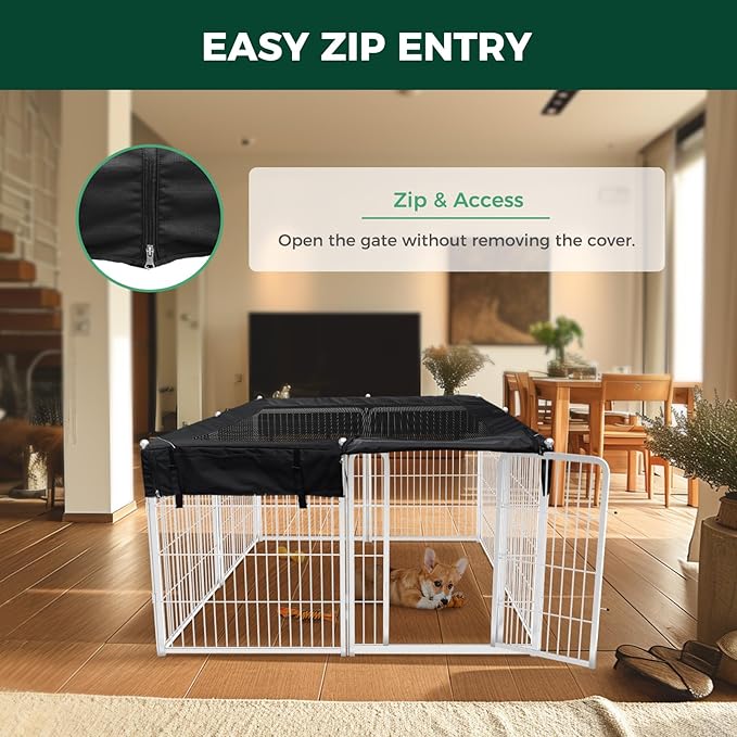 FXW Homeplus Indoor Dog Playpen with Square Mesh Top Cover for Escape Prevention, 32 Inch 8 Panels Heavy Duty Dog Pen for Small and Medium Dogs, White│Patented
