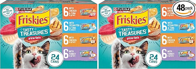 Friskies Purina Wet Cat Food Variety Pack,Tasty Treasures Prime Filets (with Chicken and Tuna,with Chicken,and-with Ocean Fish-and Tuna,and-with Turkey) - 5.5 oz. Cans,(Pack of 48)