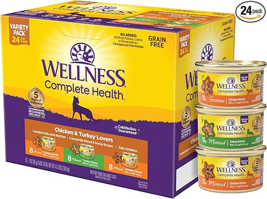 Wellness Complete Health Gravy and Minced Variety Pack Adult Canned Wet Cat Food, Natural, Protein Rich, Grain Free, Chicken and Turkey Lovers, 3 oz, Pack of 24 Cans