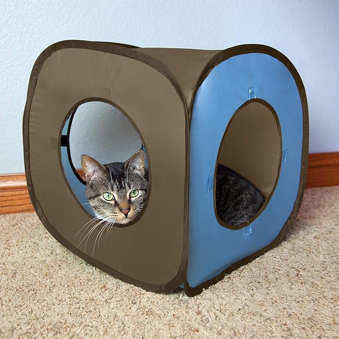 Kitty City Pop-Up Rolling Cat Cube & Tunnel Toy, Collapsible Indoor Cat Play Cube with Peekaboo Openings & Hanging Tassel, Lightweight Foldable Cat Furniture - Blue/Brown