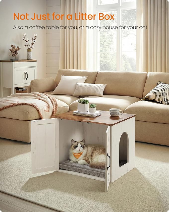 Feandrea Cat Litter Box Enclosure, Hidden Litter Box Furniture, Indoor Pet House End Table, 23.6 x 19.7 x 19.7 Inches, Rustic White and Honey Brown UPCL042W201