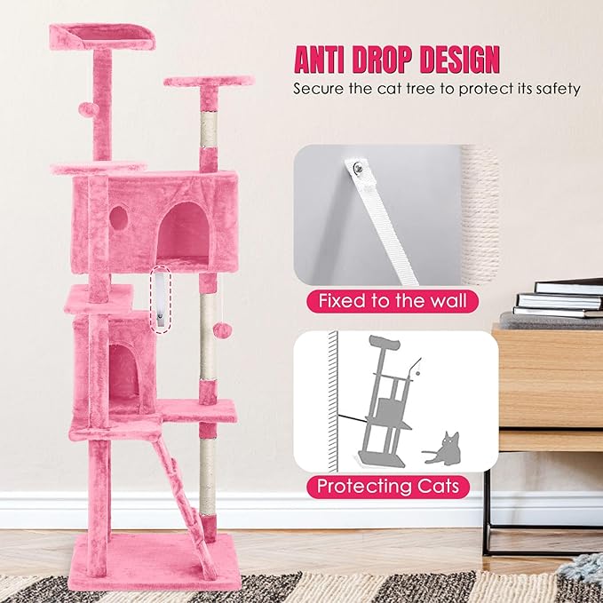 24/7 Shop at Home Court 70 inch Multi-Level Cute Cat Tree Tower with Dangling Ball and Scratching Posts for Indoor Cats Adults, Kitten Supplies, Pet House, Pink