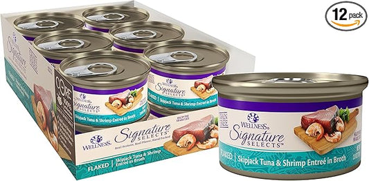 Wellness CORE Signature Selects Shredded Adult Canned Wet Cat Food, Natural, Protein Rich, Grain Free, Skipjack Tuna and Shrimp Entrée Recipe, 2.8 oz, Pack of 12 Cans