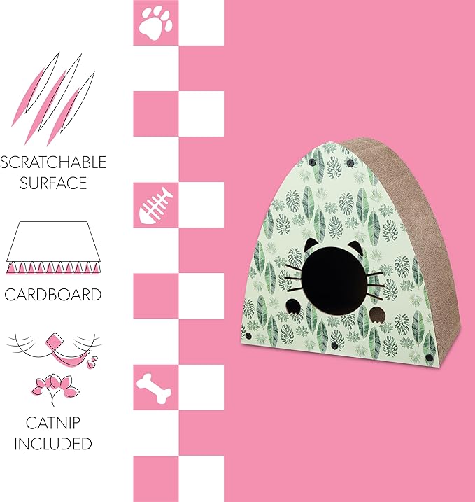 CSR1006E Koko 19" Modern Cardboard Triangle Cat Cave Scratcher with Catnip, Mint/Green, 2-in-1 Corrugated Cat House Hideaway & Scratching Board, Durable Furniture Protector