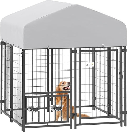 PawHut 4' x 4' x 4.5' Outdoor Dog Kennel, Welded Wire Dog Kennel Outside Run with 360° Rotating & 4 Level Adjustable Bowls, Waterproof & UV Resistant Cover, for S&M Breeds, Chickens, Ducks, Silver