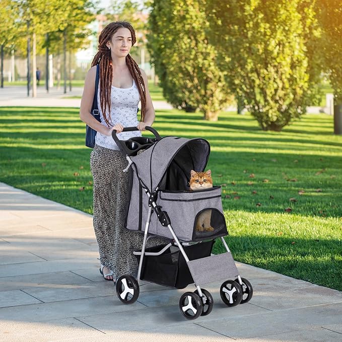 4 Wheels Foldable Pet Dog Cat Jogger Stroller Travel Carrier Strolling Cart w/Waterproof Cover Storage Basket Cup Holder & Removable Liner for Medium Small Cat Dog, Grey