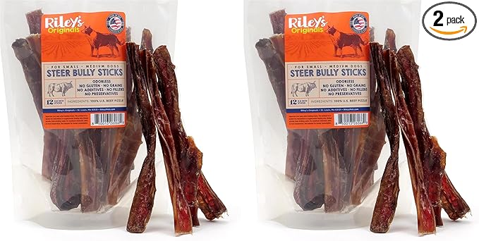 Riley's Steer Bully Sticks for Small to Medium Dogs - Single Ingredient Dog Treat, Easily Digestible, 100% Beef Pizzle Sticks - 5-6", 12ct (Pack of 2)