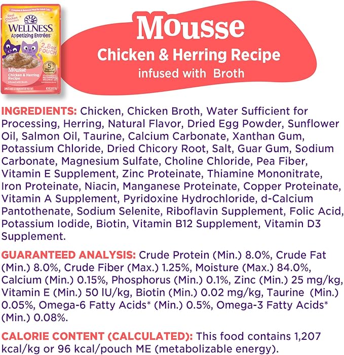 Wellness Appetizing Mousse Flaked Adult Wet Cat Food, Natural, Protein Rich, Grain Free, Chicken and Herring Recipe, 2.8 oz, Pack of 8 Pouches