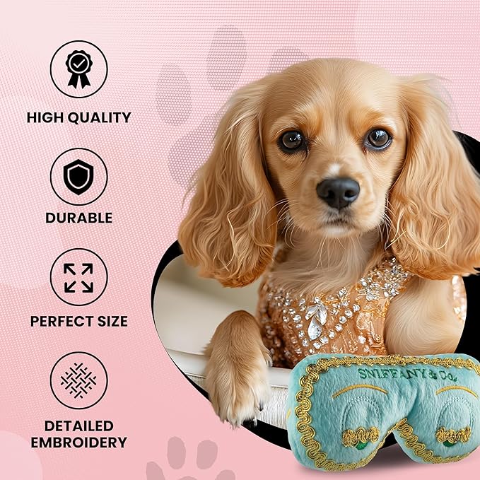 Dog Diggin Designs Sniffany & Co Plush Eye Mask Dog Toy | Luxury-Inspired Parody Fashion Accessory with Built-in Squeaker, Soft Plush Novelty Dog Toy & Chic Playtime Accessory
