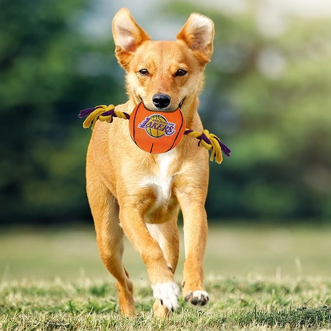Pets First NBA LOS ANGELES LAKERS Basketball Toy. - Tough Nylon Pet Toy with Tug Ropes & inner Squeaker, One Size, LAK-3105