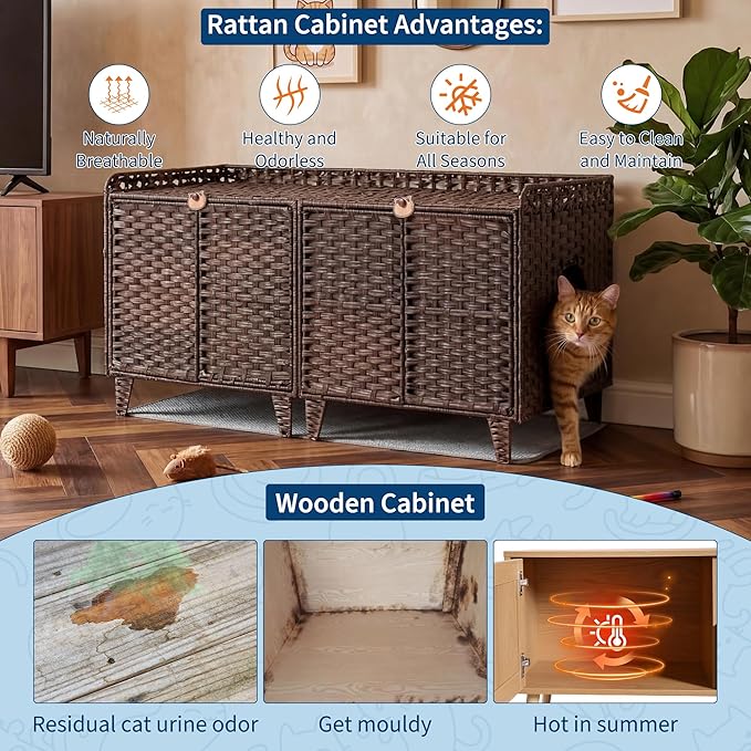 Double Litter Box Enclosure for 2 Cats - Rattan Hidden Cat Furniture with Litter Mat 2 Hooks & Doors, Large Cat House for 2 Litter Boxes, Easy Clean, 47.2" l x 19.7" w x 23.6" h Brown