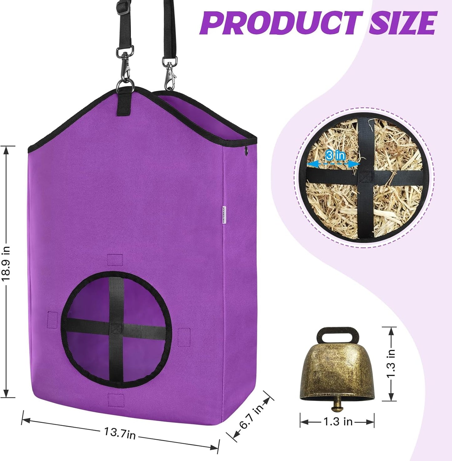 3 PCS Goat Hay Feeder,Hay Bags for Horses,Goats,Donkeys with Reinforced Oxford Fabric and High Strength Metal Clasp,Horse Feeding Supplies with Adjustable Strap for Easy Hanging(2Purple+1Orange)