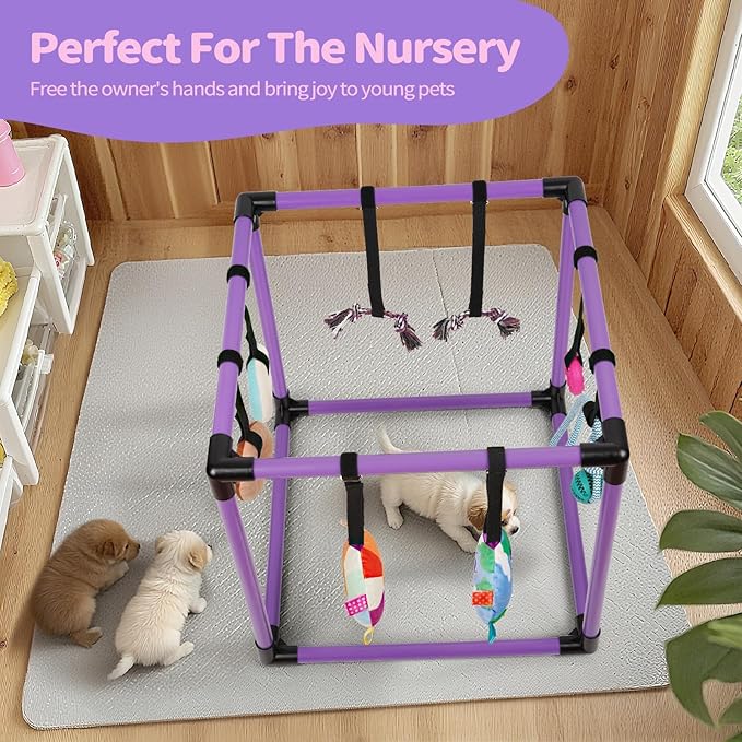 Liitrton Puppy Play Gym - Small Dogs Play Gym with 8 Hanging Toys, Indoor Puppy Jungle Gym with Interactive Dog Enrichment Toys, 19.5"x19.5"x19.5" PVC Frame (Purple)