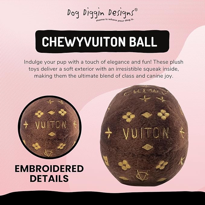 Dog Diggin Designs Chewy Vuiton Plush Squeaky Dog Toy Ball | Luxury-Inspired Parody Designer Ball with Squeaker, Soft Plush Fetch Dog Toy – Prêt-à-Porter Play!