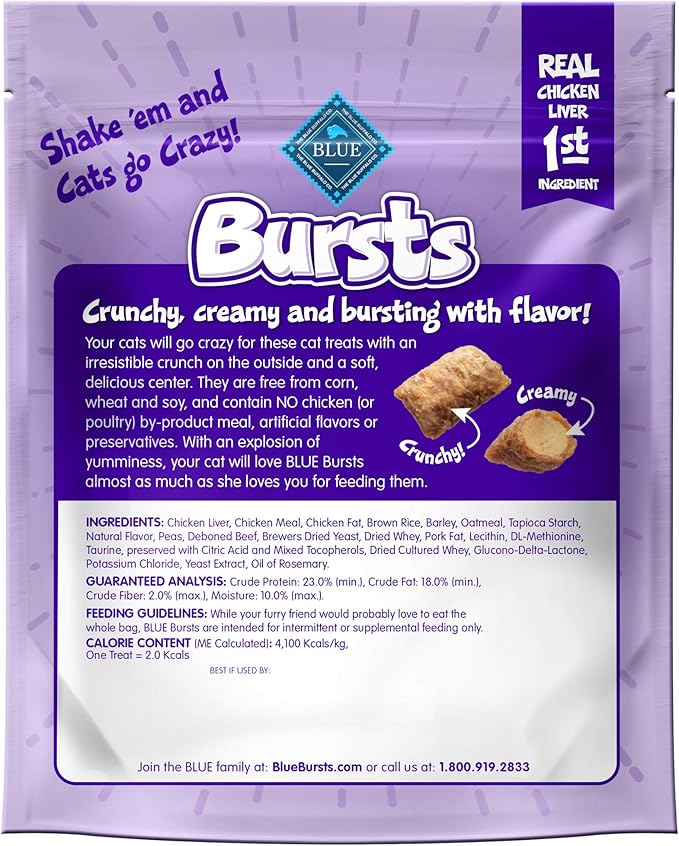 Blue Buffalo Bursts Crunchy & Creamy Cat Treats, Great for Training, Delish Liver & Beef, 5-oz Bag (Pack of 2)