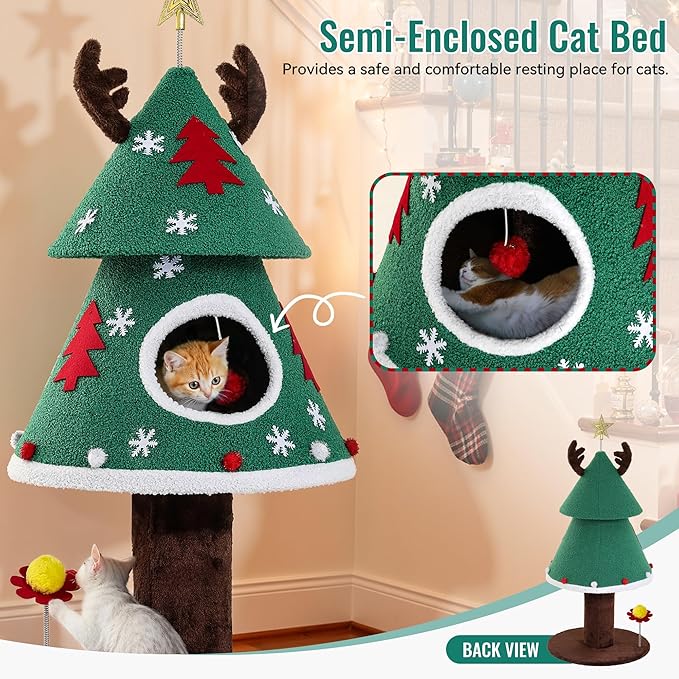 DWVO Christmas Cat Houses for Indoor Cats, Christmas Cat Tree Tower with 2 Cozy Houses, Kitty Furniture with Teaser Plaything for Christmas Decoration
