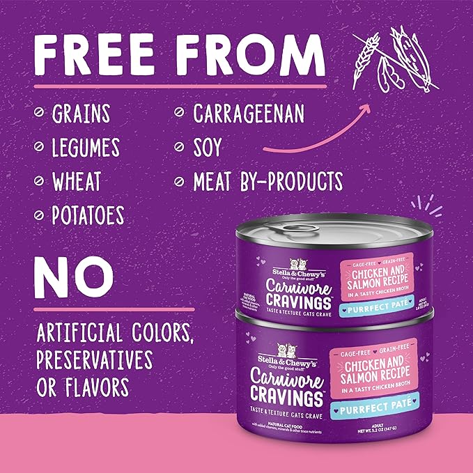 Stella & Chewy's Carnivore Cravings Purrfect Paté - Premium Grain-Free Wet Cat Food - Chicken & Salmon Recipe - High Protein with Bone Broth - Perfect for Picky Eaters - 5.2oz Cans (24 Pack)