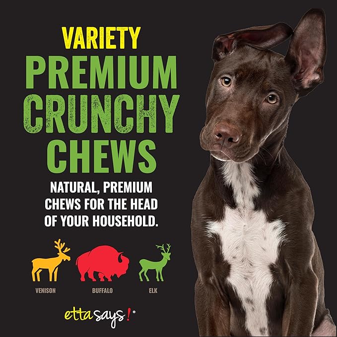 etta says! Premium Crunchy Dog Chews Variety Pack – All Natural Dog Treats Made in USA – Elk, Venison & Buffalo – Protein-Rich Chews for Teeth, Digestive Support & Training – 3 Pack