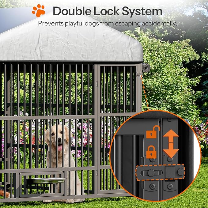 HOOBRO Dog Kennel Outdoor with Cover, 6.6 x 6.6 x 6.4 ft Dog Kennel Outside with Waterproof Roof and Rotating Feeding Bowls, Heavy-Duty Large Cage Enclosure, for Medium & Large Dogs, Black BK220GW03